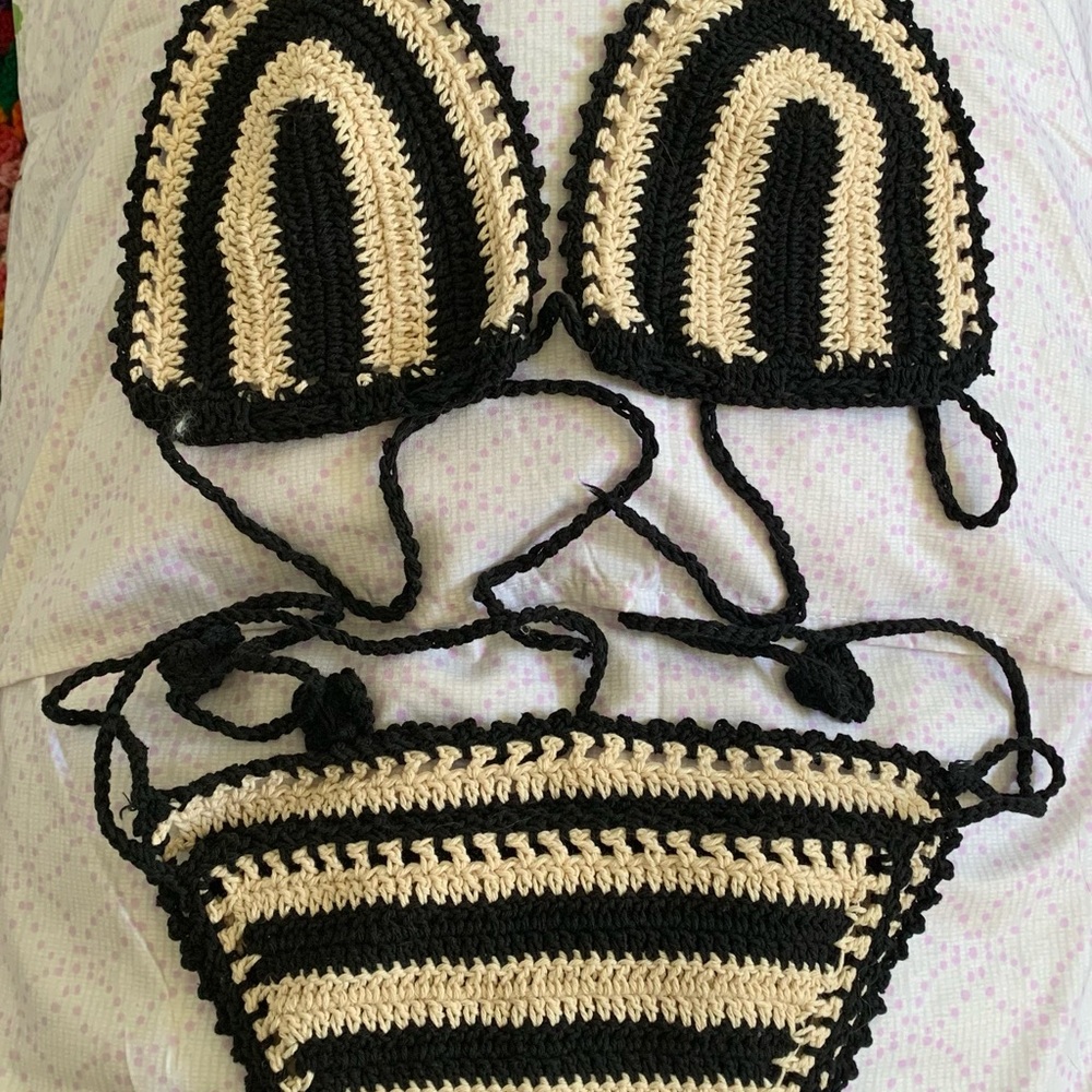 Black and Tan (cream)  crochet knit string bikini - Picture 2 of 7